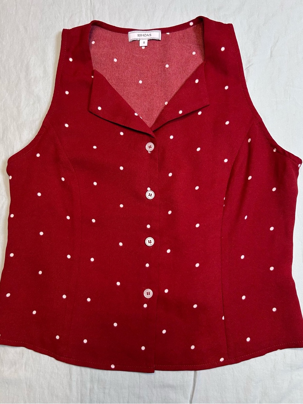 Red White Polka Dot Sleeveless Blouse Top Button Front Collared S